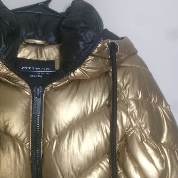 GUESS | Metallic Gold Hooded Puffer Winter Fall Jacket Quilted Snow Coat XS - Picture 7 of 16